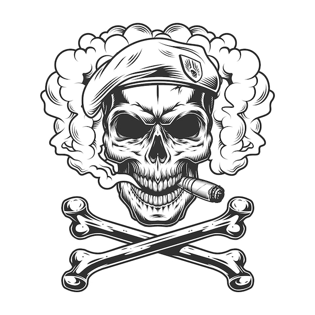 Free vector navy seal skull wearing beret and smoking cigar