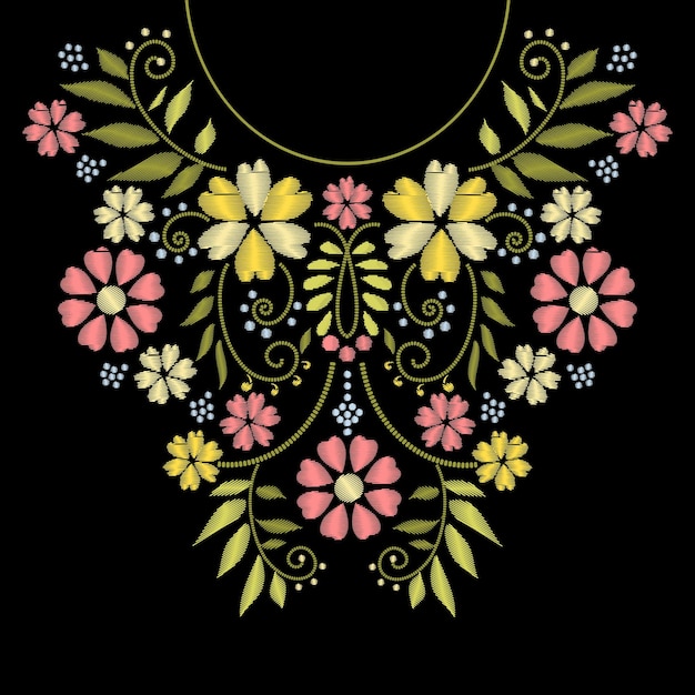 Free Vector neck line embroidery with flower pattern  illustration