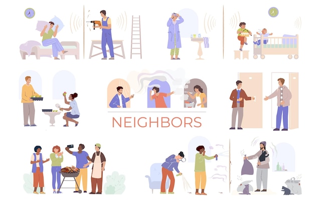 Free Vector neighbor people flat set of isolated compositions with doodle style human characters of persons next door vector illustration