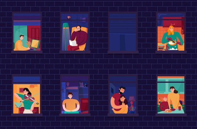 Free Vector neighbors during evening occupations in windows of home on  of brick wall night