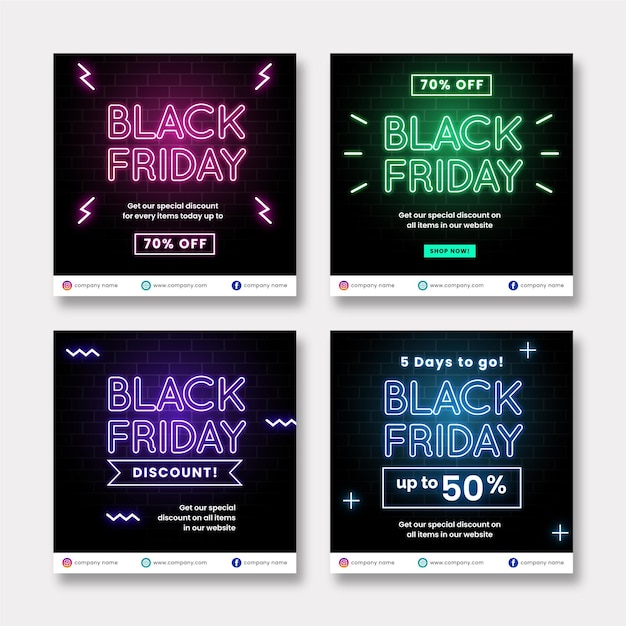 Free Vector neon black friday instagram posts collection