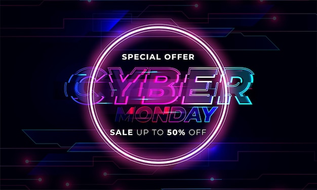 Free vector neon cyber monday banner text and title of cyber monday