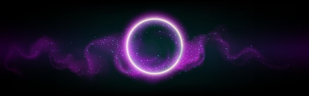 Neon glowing circle with cloud or smoke and sparkles Realistic vector illustration of led light purple ring with fog effect on dark background Magic or futuristic game frame or portal with haze