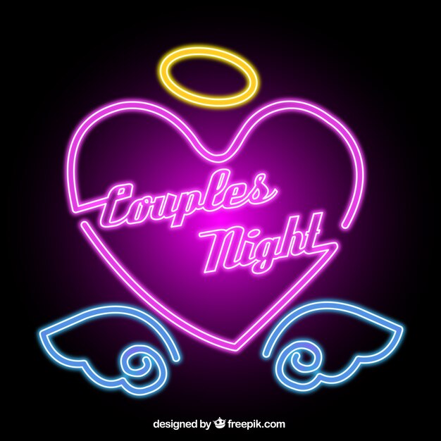 Neon heart background with crown and angel wings