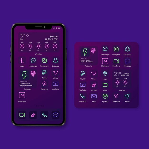 Neon home screen theme for smartphone