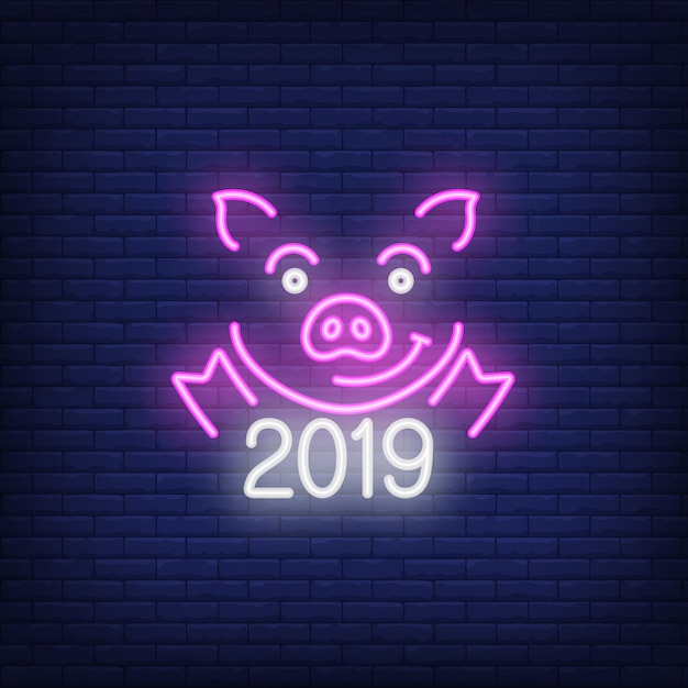 Neon icon of festive pig