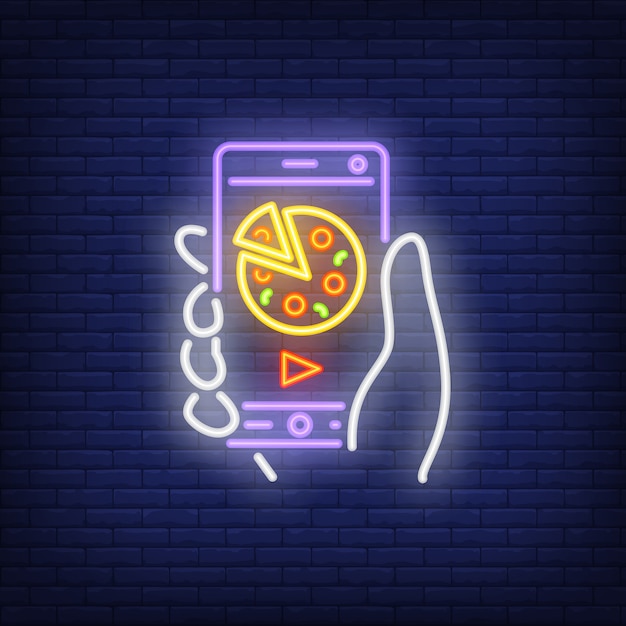 Neon icon of online pizza order