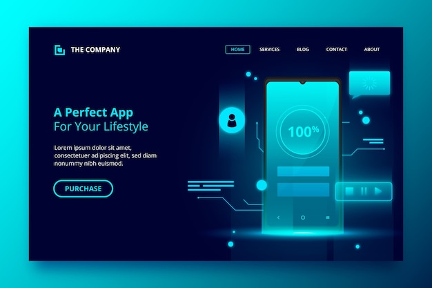 Neon landing page template with smartphone