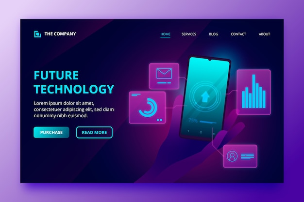 Neon landing page template with smartphone