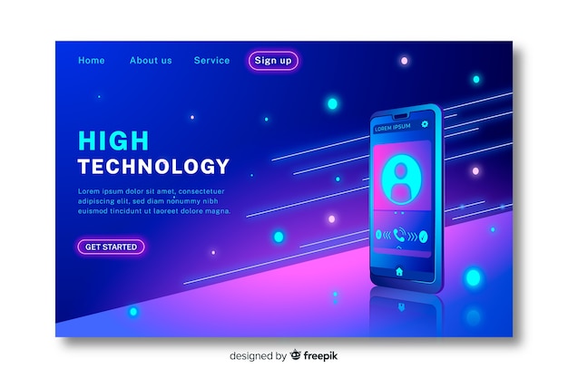 Neon landing page with smartphone