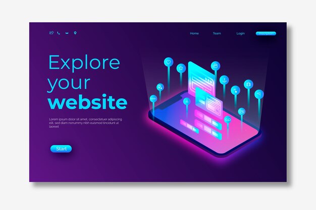 Neon landing page with smartphone