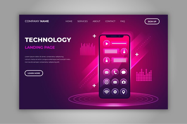 Neon landing page with smartphone