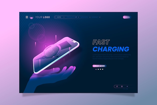 Neon landing page with smartphone