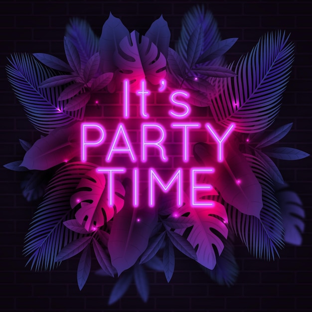 Neon lettering for party with tropical leaves