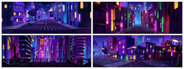 Free Vector neon light on night city road street landscape