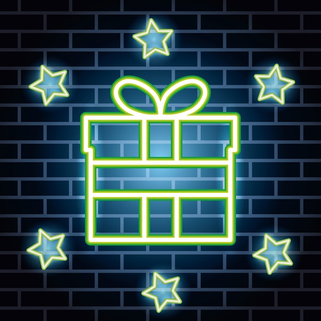 Neon lights label with giftbox