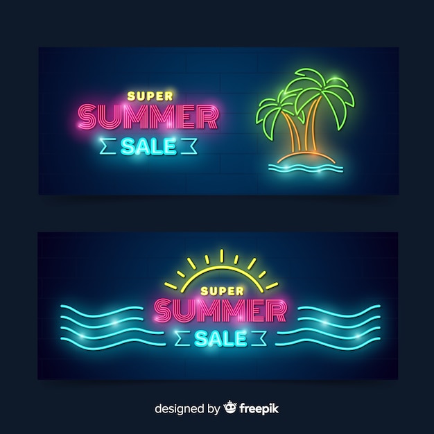 Free Vector neon lights summer sale banners