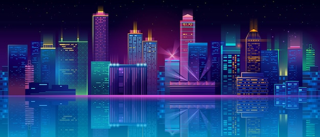 neon megapolis background with buildings, skyscrapers