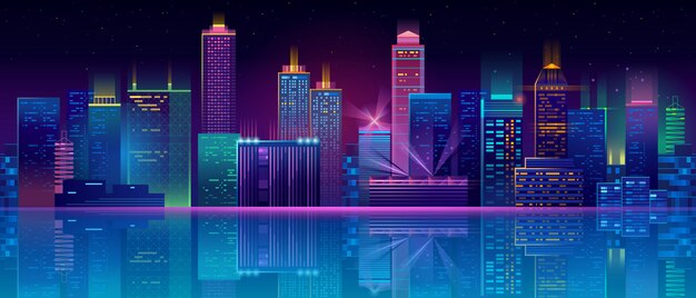 neon megapolis background with buildings, skyscrapers