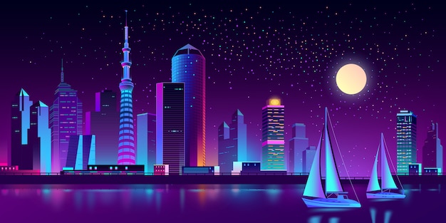 Free Vector neon megapolis on river with yachts