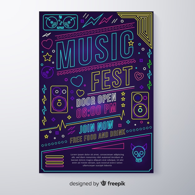 Neon music festival poster template