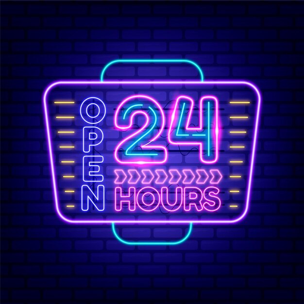 Neon open 24 hours sign glowing