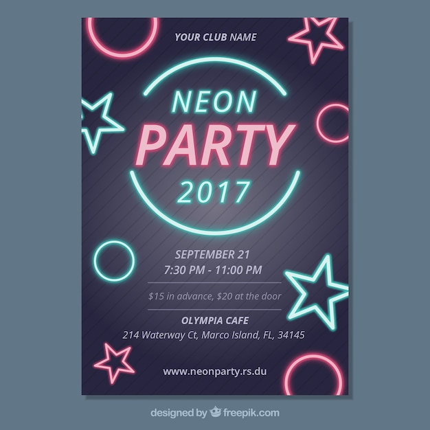 Free Vector neon party poster with stars and circles