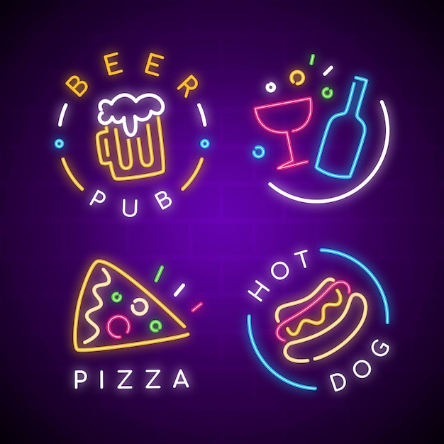 Free vector neon pub or restaurant sign collection