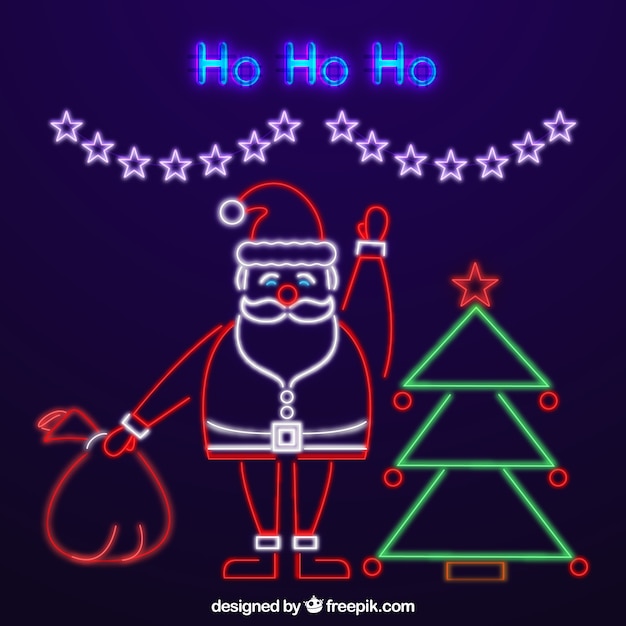 Free vector neon santa claus beside a christmas tree