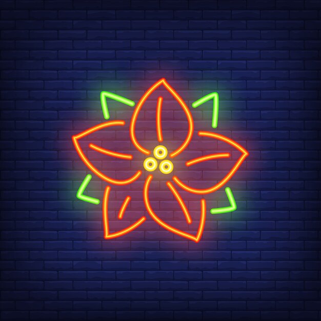 Neon sign with red poinsettia. Festive element. Celebration concept