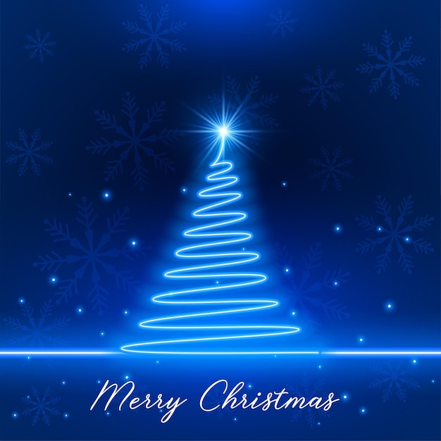 Neon style blue christmas tree with glowing star