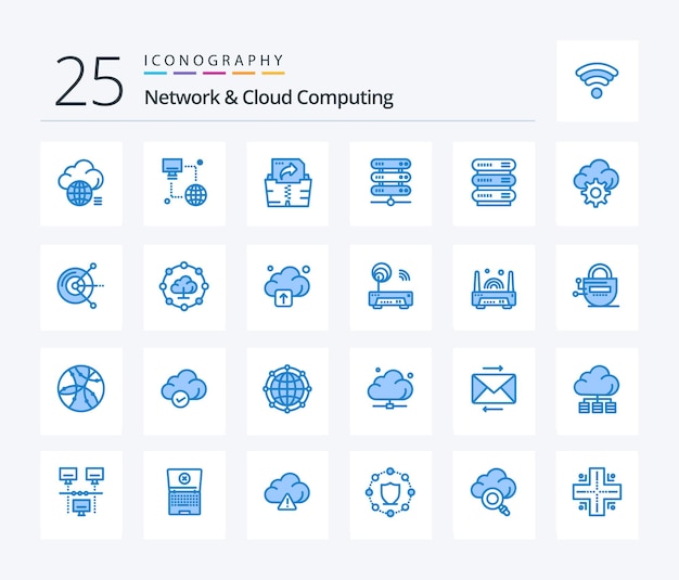 Free vector network and cloud computing 25 blue color icon pack including gear storage monitor network computing