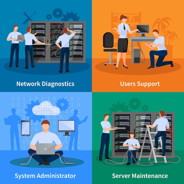 Network engineer and it administrator design concept set of network diagnostics users support and server maintenance elements vector illustration   