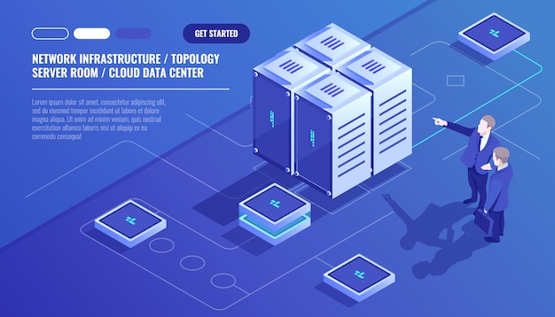 Network infrastructure, server room topology, cloud data center, two businessman