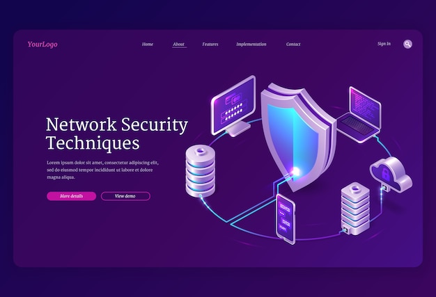 Network security techniques banner. Concept of safety internet technologies, data secure. landing page of information protect with isometric laptop, mobile phone, computer and shield icon