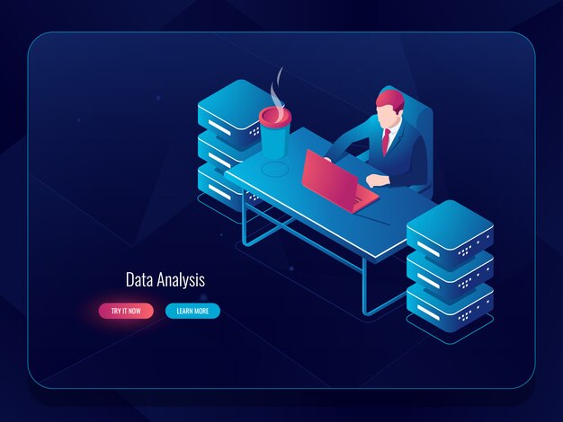 Network server, big data processing, system administrator programmer sitting at the table