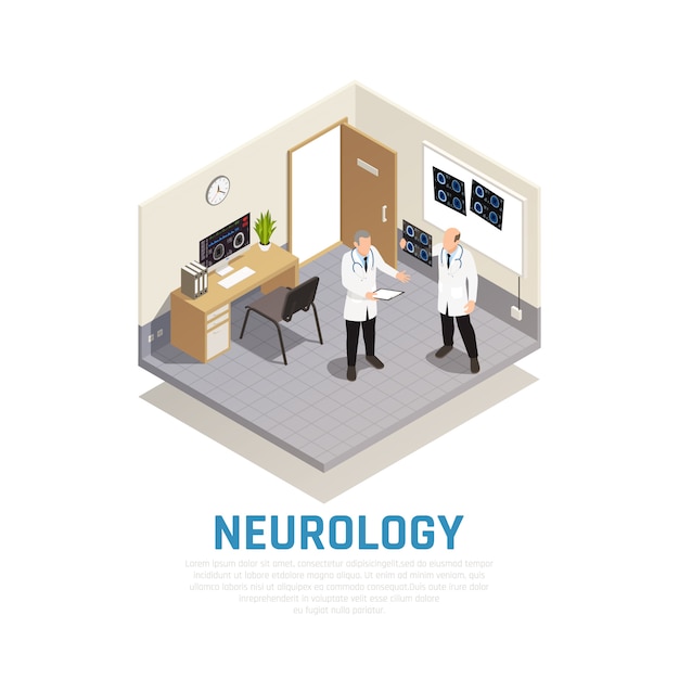 Neurology and neural research isometric composition with healthcare symbols