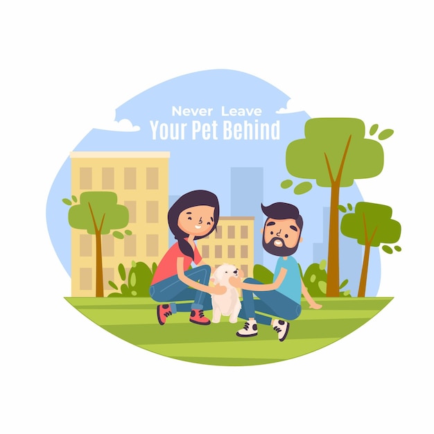 Never leave your pet behind concept illustration with couple and their dog