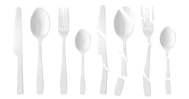 New and broken plastic cutlery isolated on white background