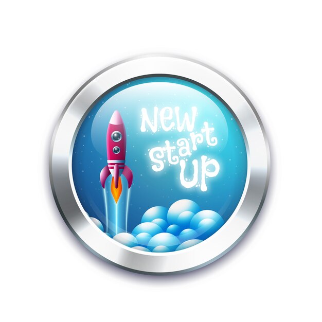 New business project start up button showing a turbo charged rocket speeding through the blue sky alongside text - New Start Up - round button with a silver metallic frame