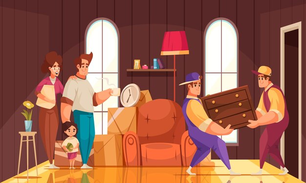 New house room interior cartoon composition with family watching moving company