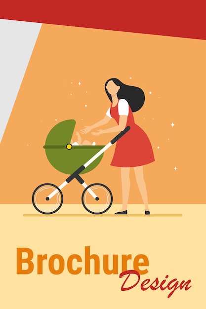 Free Vector new mom walking with stroller. mother reaching hands to baby in pram flat vector illustration. love, motherhood, childcare concept for banner, website design or landing web page