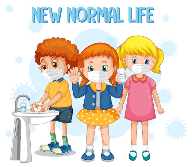 Free Vector new normal life with children wearing masks