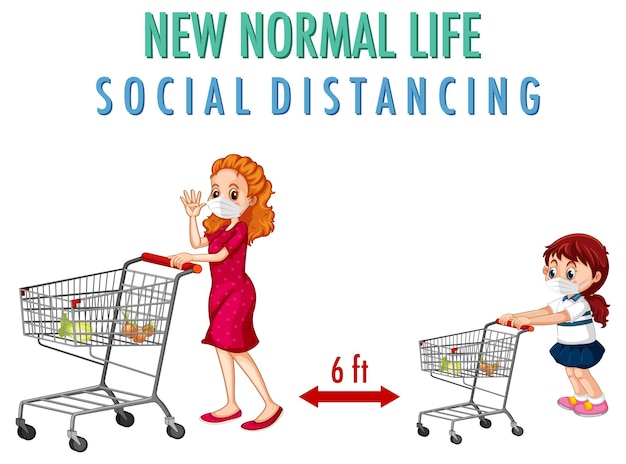 Free Vector new normal life with a woman and a girl push shopping cart