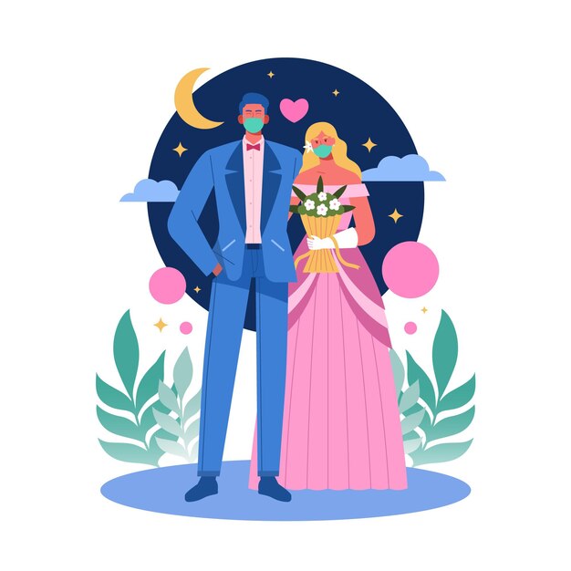 Free Vector new normal wedding bride and groom wearing masks