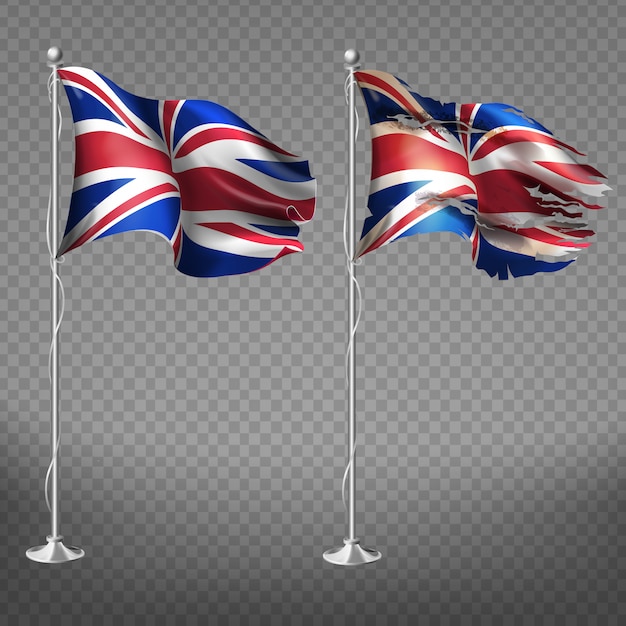 New and old, torn national flag of England fluttering in wind on metal flagpole 