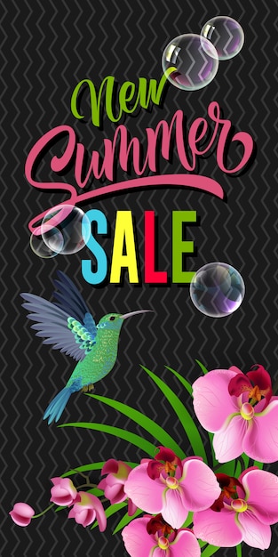 Free vector new summer sale lettering with hummingbird and orchid.