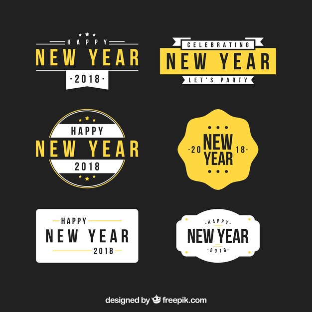 New year 2018 stickers collection in black, white and yellow