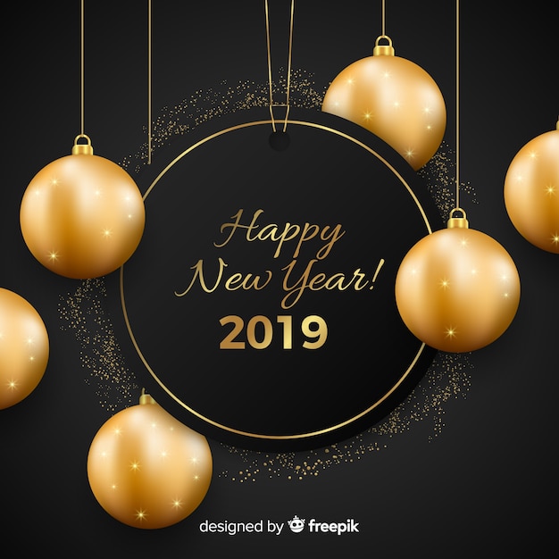 Free Vector new year 2019 with golden balls background