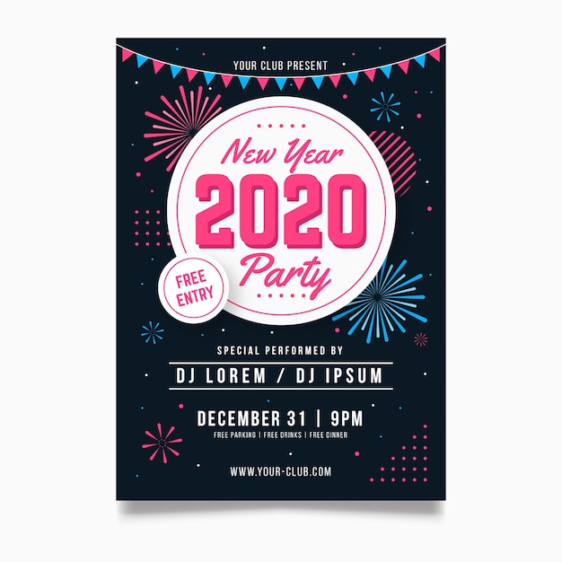 New year 2020 party flyer template in flat design